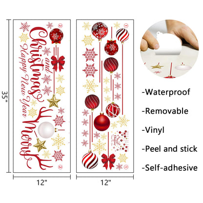 Mfault Merry Christmas and Happy New Year Wall Decals Stickers, Red Gold Xmas Balls Snowflake Decorations Bedroom Art, Winter Holiday Star Bow Antler Home Kitchen Decor