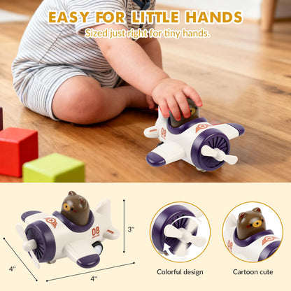 Airplane Toy Cars for Toddlers 1-3 – 4 Pack Press and Go Baby Car Toys, Push Airplanes with Rotating Propellers & Animal Drivers, Safe ABS Friction Cars for Indoor Outdoor Play, Gift for Boys Girls