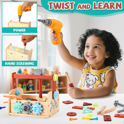 Kids Tool Set - 54 PCS Wooden Toddler Tool with Wooden Box, Educational Pretend Play Construction Toy for 2 3 4 5 6 Year Old Boys Girls, Toddle Electronic Toy Drill Children Montessori STEM