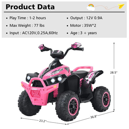 INFANS Kids Ride on ATV, 12V 4 Wheeler Quad Toy Vehicle with Music, Horn, High Low Speeds, LED Lights, Electric Ride On Toy, Battery Powered Wheels Car for Kids 3-8 Years Old (Pink)
