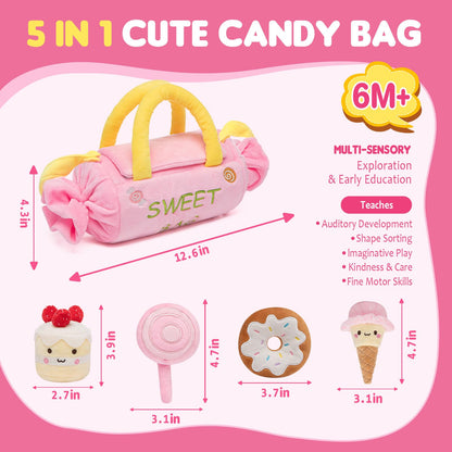 GNAYUIJ Baby Toys 6-12 Months,My First Candy Bag Plush Toy-5 Sensory dessert Soft Toys with Rattle, Crinkle Paper, Squeaker, Mirror,Busy Montessori Soft Toys for Toddlers,1st Birthday for Babies Girls
