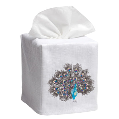 Jacaranda Living Square Tissue Box Cover, Linen/Cotton Fabric Tissue Holder, Decorative Cloth Tissue Cube Cover, Animal Designs Feathered Peacock, Turquoise, Pewter