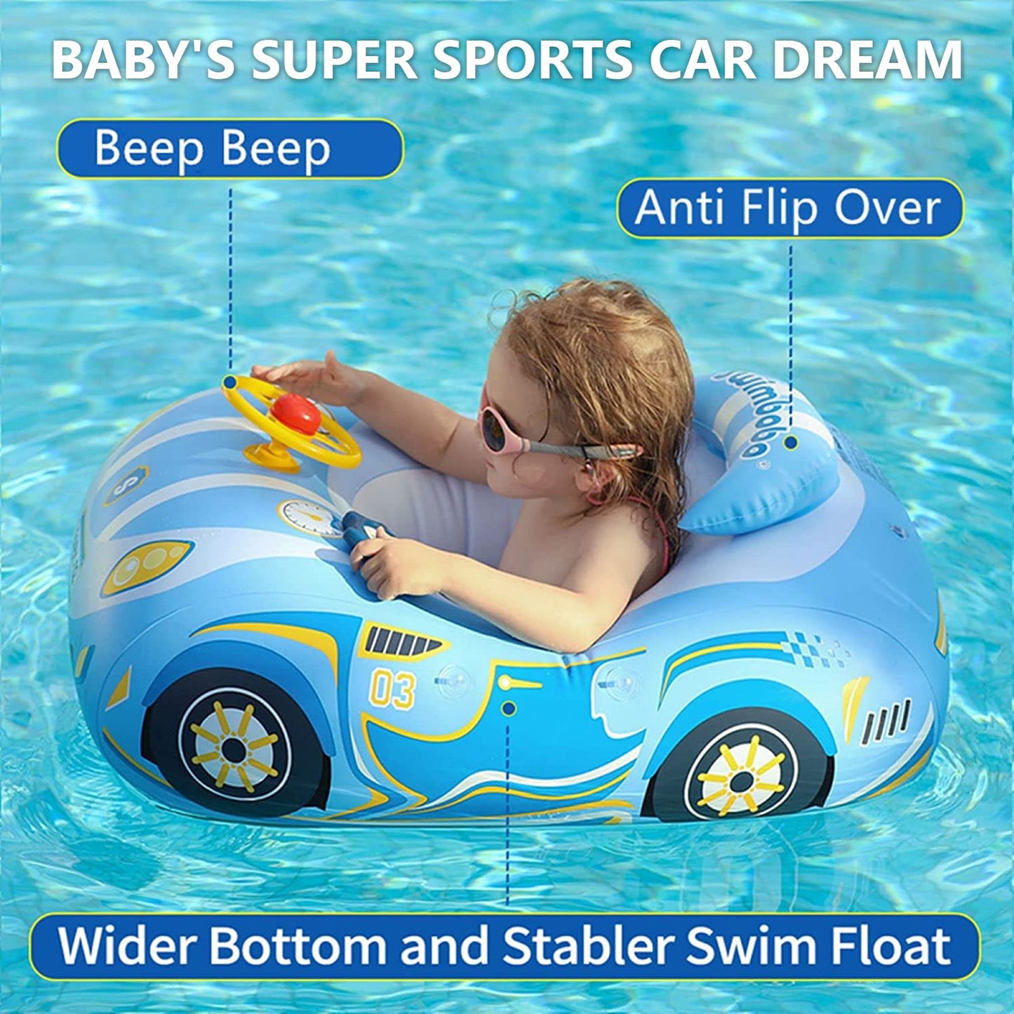 Baby Pool Float with Canopy, PVC Baby Swim Float with Sun Shade Cover, 3D Car Toddler Pool Float Swimming Floats Seat Boat for 12-18, 12-24 Months, Age 2-3, 3+ Years (Blue Canopy)
