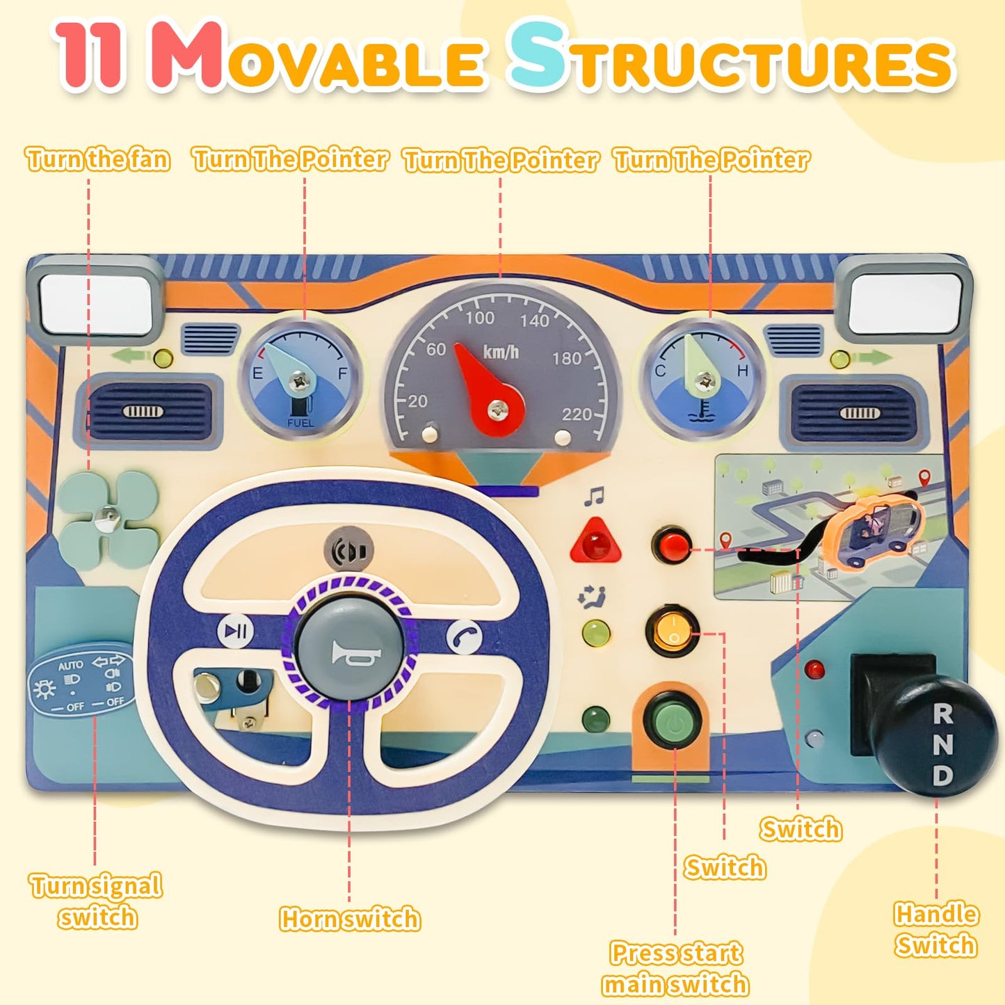 ZJEFUNS Montessori Toddler Toys Busy Board with Led Light Interactive Wooden Dashboard Steering Wheel for 1 2 3 4 Year Old Sensory Toys Toddler Activities for Boys Girls Gift