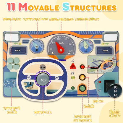 ZJEFUNS Montessori Toddler Toys Busy Board with Led Light Interactive Wooden Dashboard Steering Wheel for 1 2 3 4 Year Old Sensory Toys Toddler Activities for Boys Girls Gift