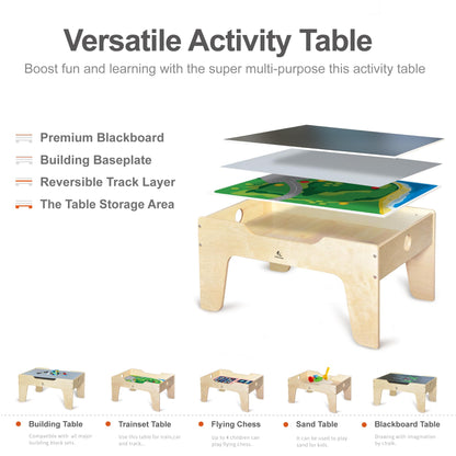 KRAND Kid's All-in-One Activity Play Table with 290 Building Bricks and 30-Piece Wooden Train Set Railway,Cars,Track and Accessories for Toddlers Boys and Girls Children's Toy Playset Game Desk