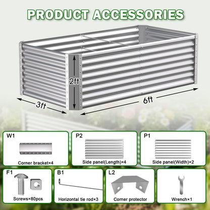 Tegarbed Tall Galvanized Raised Garden Bed Kit Outdoor Patio,6x3x2ft Large Rectangular Metal Planter Boxes,Deep Root Box Planter for Gardening, Vegetables, Flowers, Herbs, 1 Pack, Silver
