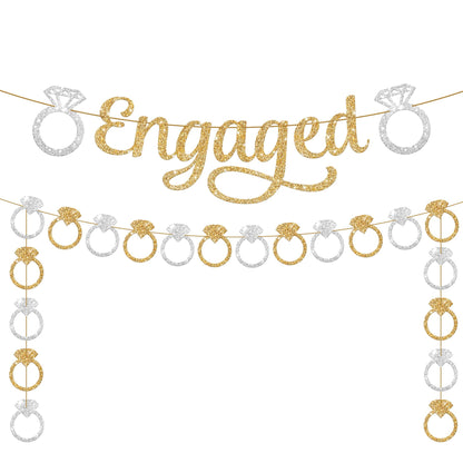 KatchOn, Pre-Strung Gold and Silver Glitter Engaged Banner - 2 String, 10 Feet, No DIY | Engagement Party Decorations | Banner for Bachelorette Party Decorations, Engagement Decorations, She Said Yes Decorations