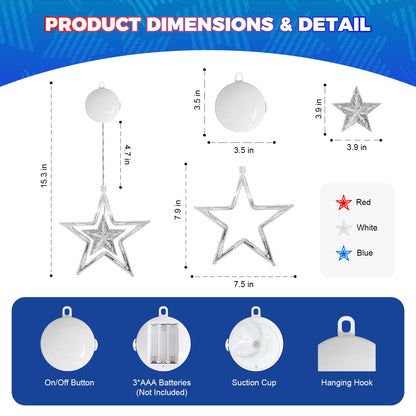 4th of July Window Lights with Timer, Red White Blue Star Lights Battery Operated with Suction Cup Hook, LED Hanging Patriotic Decor for Memorial Day Independence Day Home Room(Red White Blue)