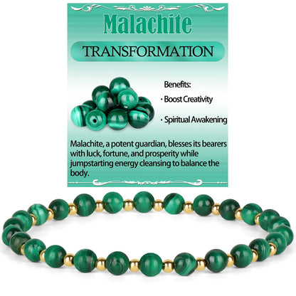 QOGIR Malachite - Transformation - 14K Gold Plated Beads Natural Gemstone Stretch Elastic Dainty Healing Beaded Bracelets Gifts 4mm