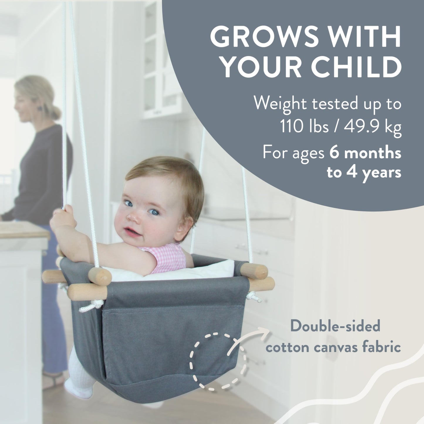 Monkey & Mouse Baby Swing, Pale Pink Indoor Outdoor Portable Hanging Chair - Infant & Toddler Kids 6 Months - 4 Years, Cotton Canvas & Beech Wood Frame, Sensory Hammock Boy & Girl Seat w/Wooden Toys
