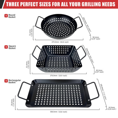 Qetumst Small Non-Stick 3 Piece Grill Basket Set – BBQ Grilling Basket for Vegetables, Seafood & Meat – Heavy Duty Perforated Grill Pan for Charcoal, Gas and Outdoor Grills, Easy to Clean Grilling Accessories