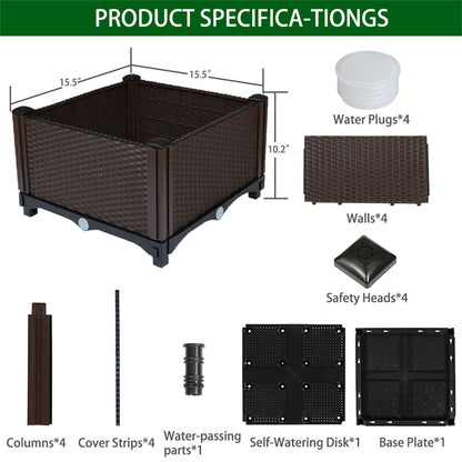 elfinrm Square Raised Garden Bed, Garden Free Splicing Planting Box Outdoor Indoor Planting Container Stylish Rattan Pattern Set of 1, Brown