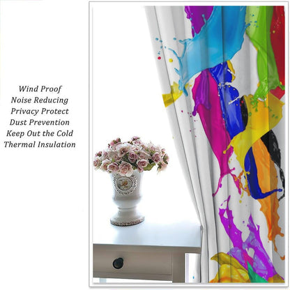Yoakiet Colorful Paint Curtains, Rainbow Color Creative Abstract Splatter Paint Painting Art White Background Print Rod Pocket Window Treatments Drapes for Bedroom Kitchen Living Room 42" W X 45" L