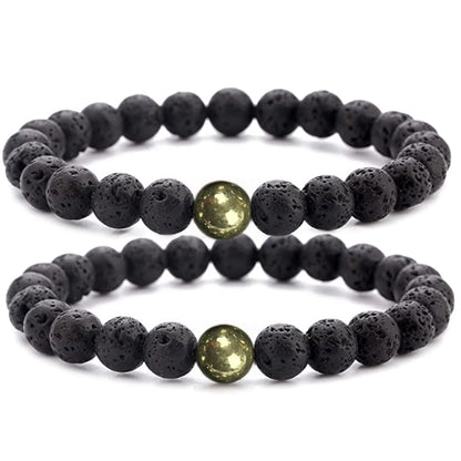WFJ Black Lava Rock Pyrite Beads Natural Stone Bracelets Set of 2 Healing Crystal Energy Activation Chakra Reiki Elastic Stretcht Diffuser Yoga 8mm