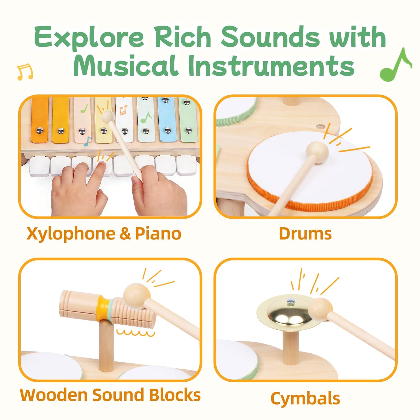 Toddler Drum Set - Montessori Toys for 2 Year Old, Wooden Baby Musical Instruments for Toddlers 2-5, Preschool Learning Musical Toys with Xylophone, Piano, Birthday Gifts for 18 Months Boys Girls