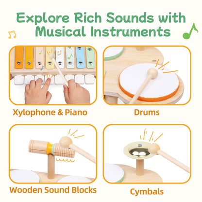 Toddler Drum Set - Montessori Toys for 2 Year Old, Wooden Baby Musical Instruments for Toddlers 2-5, Preschool Learning Musical Toys with Xylophone, Piano, Birthday Gifts for 18 Months Boys Girls