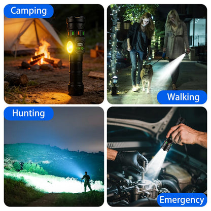 Rechargeable Flashlights High Lumens 5000 Long Distance, Super Bright LED Flash Lights with COB Sidelight USB C LCD Display, Daul Light Source & Buttons with Red Light, for Camping Hiking Emergency