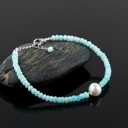 CRYSTALIS Natural Peruvian Opal Beads Adjustable Bracelet with Elegant Pearl, High Grade Gemstones, Chakra Healing Stones, Gift Giving Jewelry, 925 Sterling Silver Womens Bracelet 8 inch