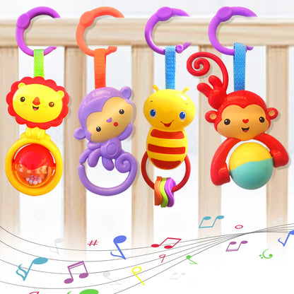 YUNLOVXEE Baby Toys, Cartoon Animal Hanging Rattle Toys, Handbells Baby Rattles, Baby Bed Crib Car Seat Travel Stroller Toys for Infant, Best Birthday Gift for Newborn, 4 Pack