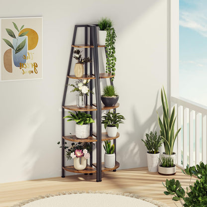 Furnulem 5 Tier Corner Shelf with LED Light, 67.2” Tall Standing Shelf for Wall Corner, Narrow Bookshelf Ladder Shelf for Bedroom, Living Room, Plant, Wood Storage Rack, Metal Frame (Rustic Brown)