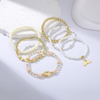 RISHEGAE Heishi Beaded Stretch Bracelets for Women Stackable Gold Polymer Clay Beads Bracelets Friendship Boho Summer Beach Bracelet Jewelry Set (E-Summer 6pcs)