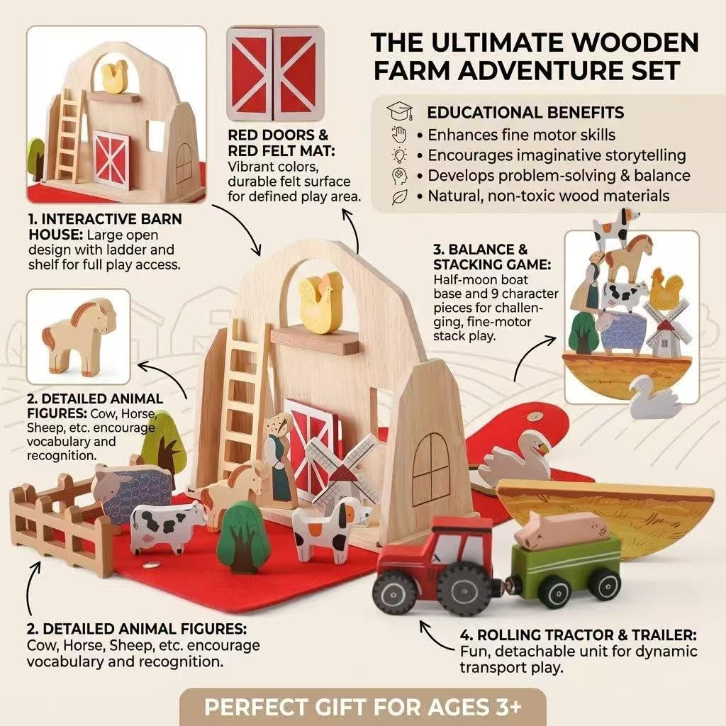 Jieruisha Wooden Barn Toy for Toddlers 1-3, Montessori Traveling Farm with Animal Figures & Car Model, Portable Farm Playset Learning Toy, Christmas Birthday Gift for Baby Boys Girls