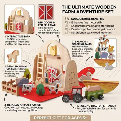 Jieruisha Wooden Barn Toy for Toddlers 1-3, Montessori Traveling Farm with Animal Figures & Car Model, Portable Farm Playset Learning Toy, Christmas Birthday Gift for Baby Boys Girls