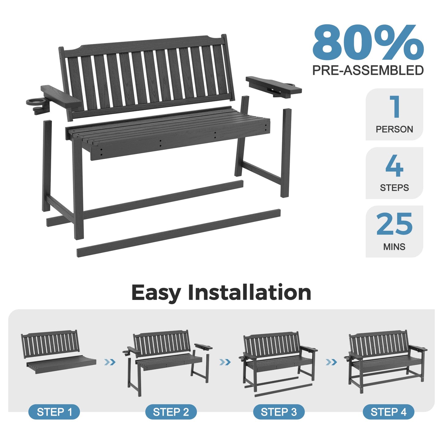 WACASA 48" Outdoor Bench Set of 2, HDPE Weatherproof Porch Bench, 2-Person Garden Benches with 660 Lbs, Waterproof Patio Benches for Outside Balcony Deck Backyard,Grey