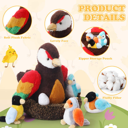 RoundFunny 7 Pcs Birds Stuffed Animals with Babies Egg and Nest 9.8 Inch Mommy Bird Forest Plush Toys Set Gifts for Kids Girls Boys Woodland Baby Shower Party Favors Birthday Classroom Prizes
