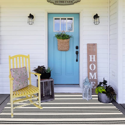 BUAGETUP Black and White Outdoor Rug 3'x 5' Cotton Woven Washable Rug Striped Front Porch Rug Area Rug Floor Mat for Farmhouse/Layered Door Mats/Living Room