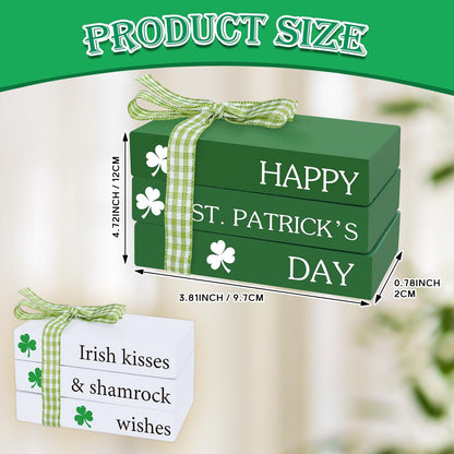 Whaline Mini Happy St. Patrick's Day Wooden Books Stack with Ribbon 2Pcs Shamrock Faux Books Bundle Green White Stacked Books Tabletop Centerpieces for Irish Farmhouse Tiered Tray Entryway Home Decor
