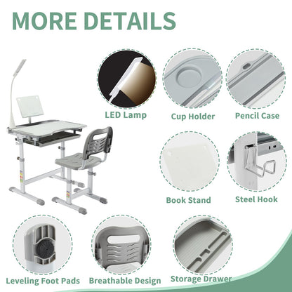 Diroan Kids Functional Desk and Chair Set, Ergonomic Height Adjustable Children School Study Desk with Tilt Desktop, Book Stand, LED Light, Metal Hook and Storage Drawer for Boys Girls(Grey)