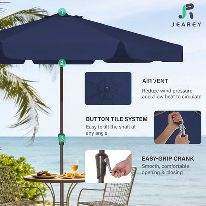 JEAREY 9 FT Patio Umbrella Outdoor, Table Umbrellas Market Umbrella w/Push Button Tilt/Crank, 8 Sturdy Ribs(Navy Blue)