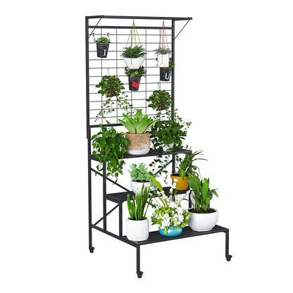 Zhongma 3 Tier Large Heavy Duty Plant Stand with wheels, Tall multi layer Plant Holder with Hanging Plant pot shelf, 35.43 x 33.27 x 80.7inch, Each Tier: 35.43 L x 10.5W, Easy to Hold Large Plant Pot