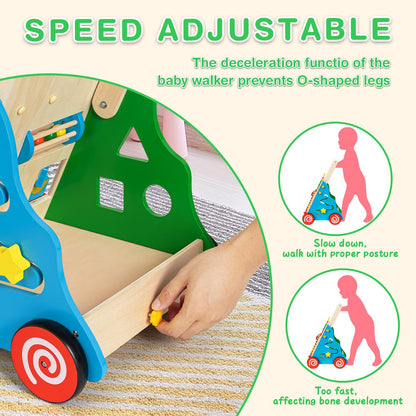 HUZU Wooden Baby Walker with Wheels, Montessori Push and Pull Activity Center for Toddlers, Adjustable Height & Speed, Learning Toy for 6-12 Months 1-3 Years Old Boys and Girls (Rainbow)