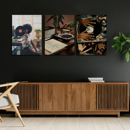 YFvrPt Black Girl Wall Art Decor Modern Black Woman Painting Prints, Set of 3 African American Music Record Player Poster Canvas Artwork for Bedroom Living Room 12x16 inch Framed