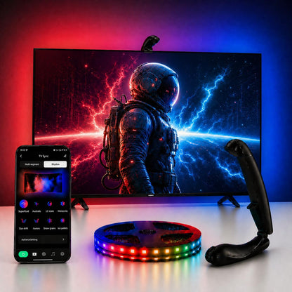 QTU TV LED Backlight with Sensor, LED Sync Lights for TV 55-65 Inch, Smart Camera Sync to Screen, Ambient RGB Strip Lights for Gaming & Home Theater, App Control (14.7ft)