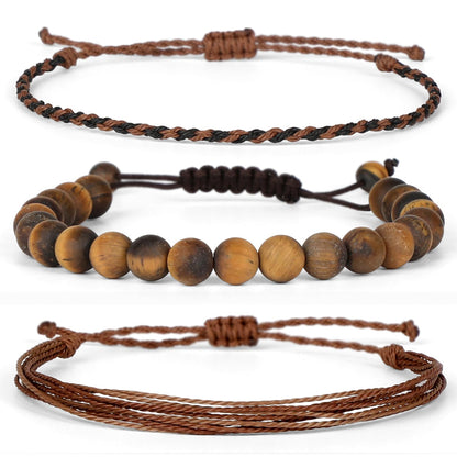 QOGIR Handmade Healing Bracelets,8mm Natural Matte Yellow Tiger Eye Gem Stone Beads Bracelet, for Men Women Gifts with 2PCS Size Adjustable Rope Bracelets