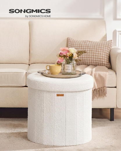 SONGMICS Mazie Collection - Round Storage Ottoman, Folding Footrest Stool with Removable Lid, Easy Assembly, Teddy Fleece Vanity Stool for Bedroom, Living Room, Entryway, Cream White ULSF606W01