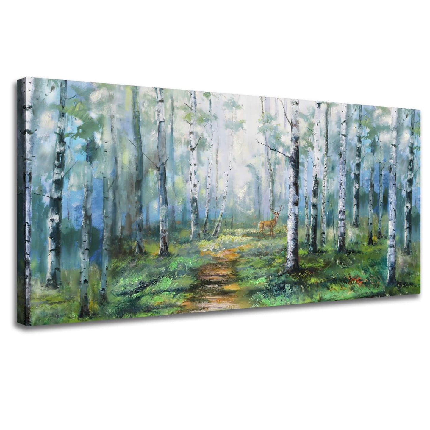 Enartly Birch Tree Wall Art for Living Room, Large Wall Decor Canvas Painting Green Forest Nature Picture Scenery Artwork Textured Framed for Bedroom Hallway Home Office Decoration 48"x24"