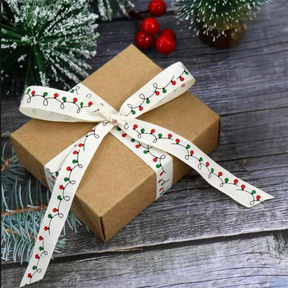 10 Yards Merry Christmas Cotton Ribbon, 5/8 Inch, Red Green White Merry Wrapping Ribbon for Craft Wreath Decor Bow Flower Bouquet (String Lights)