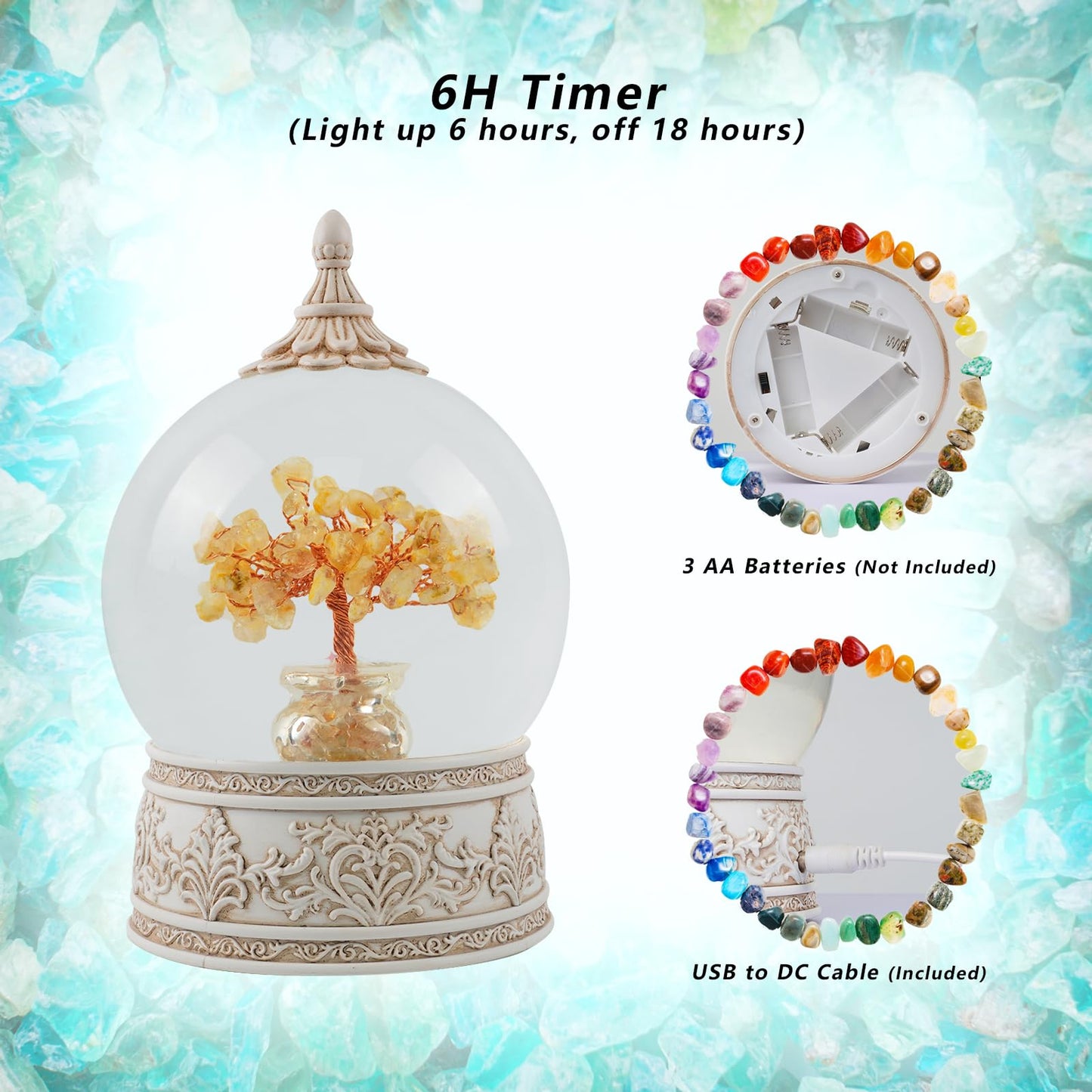 Citrine Jasper Healing Crystal Tree Globe with Colorful Lights and Sparkling Glitter, Natural Gemstone Base, Spiritual Meditation, Positive Energy Good Luck, Home Decor, Birthday Gifts (Citrine)