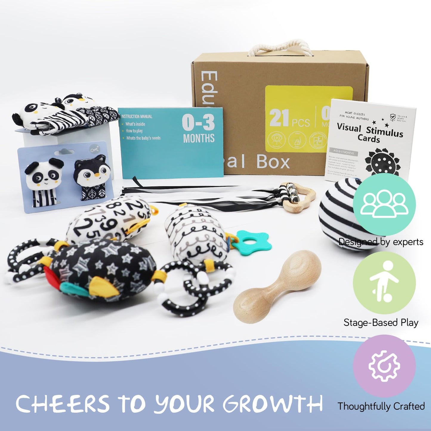vocheer Black and White Baby Toys, 7 in 1 Sensory Toys for Infants, Tummy Time Toy Newborn 0-3 Months Brain Development, High Contrast Baby Cards Infant Montessori Toy Gift