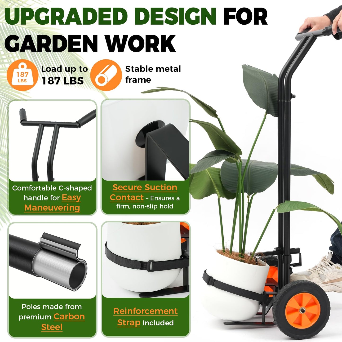 AUROPEAK Rolling Plant Caddy with Wheels Heavy Duty, Plant Dolly with Adjustable Forks and Grips,Suction Cups,Potted Plant Mover,Indoor & Outdoor Plant Trolley Cart with Strap for Planter Flower Pots