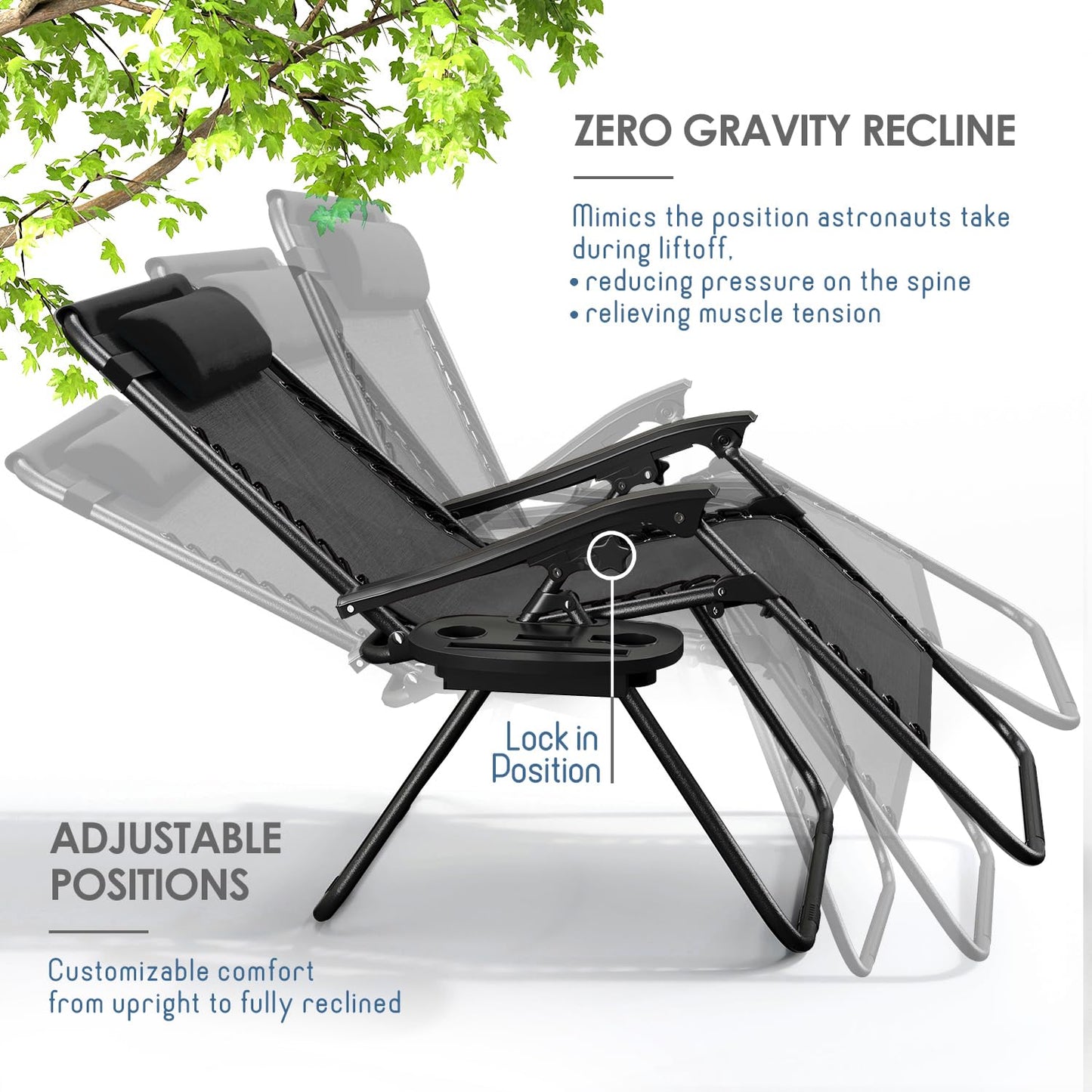 Nestl Zero Gravity Chairs, Portable Patio Lounge Chair Outdoor with Pillows & Cup Holder Trays, Adjustable Steel Mesh Reclining Camping Chair, Folding Patio Lawn Chair for Deck, Beach, Yard - Black