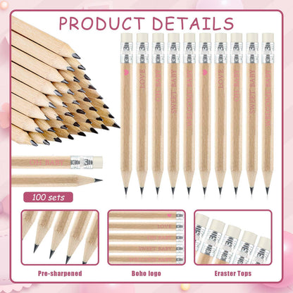 EYNDYN 100 Sets Pink Baby Shower Pencils Gifts Bulk for Guest Golf Half Pencils Baby Shower Game Sharpened Mini Pencil with Eraser It's A Girl Gender Reveal Party Favors