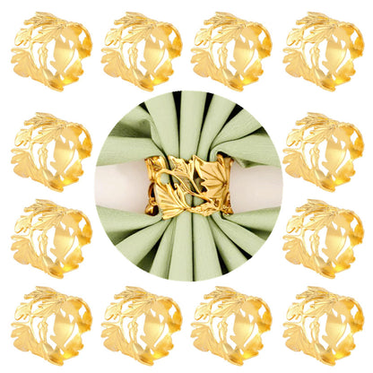 12 Pcs Gold Leaf Napkin Rings Set,Hollow-Out Golden Leaves Napkins Rings Elegant Alloy Holders Bulk for Art Gathering,Thanksgiving Christmas Table Setting Decor,Party Decoration,Daily Use(Round 12)