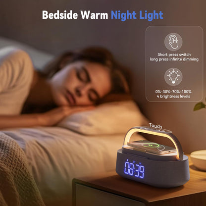 FREEFISH 6-in-1 Bluetooth Speaker with Wireless Charging, FM Radio,Bedrooms Dimmable Nights Light, Snooze Function for Home, Office, Wireless Charger Compatible iPhones 16/15/14/13/12