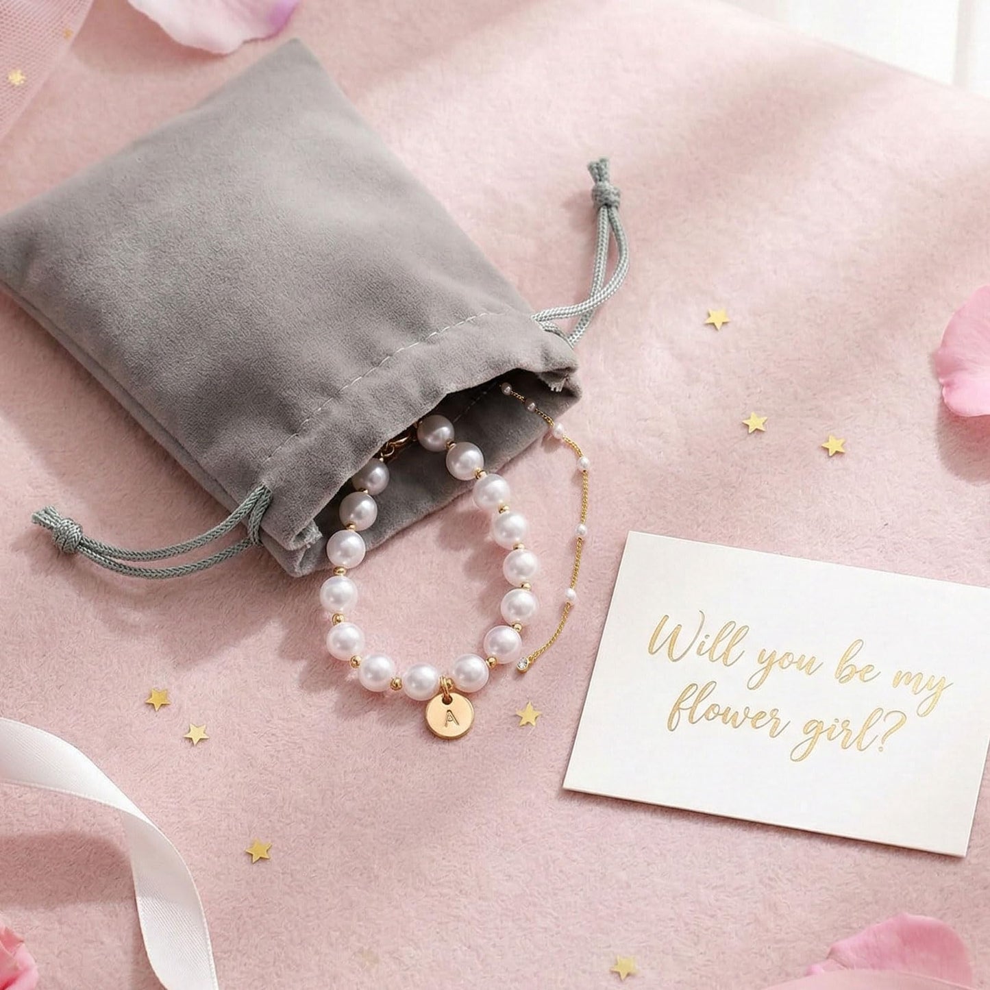 Fizzlup 2Pcs Pearl And Gold Initial Bracelet Set，Dainty Pearls Bracelets Jewelry for Women Wedding Prom Trendy Crystal Charm Cuff Stack Bead Linkbracelet Personalized Gift Stuff Letter W